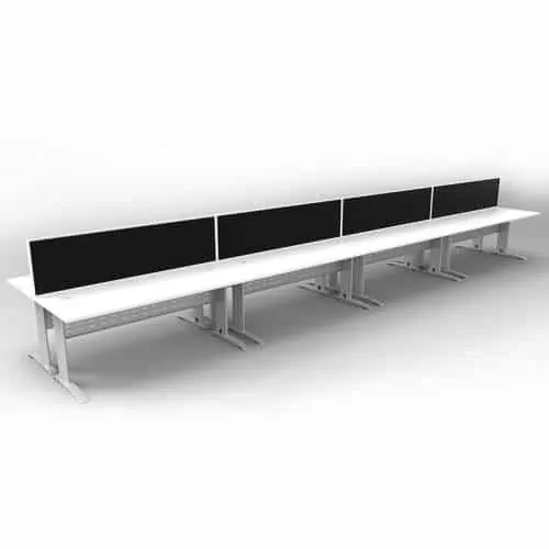 Space System 8 Back to Back Desks, Silver Base with Natural White Tops and 4 Integral Express Screen Dividers