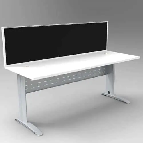 Space System Desk, Silver Base with Natural White Top and Integral Express Screen Divider