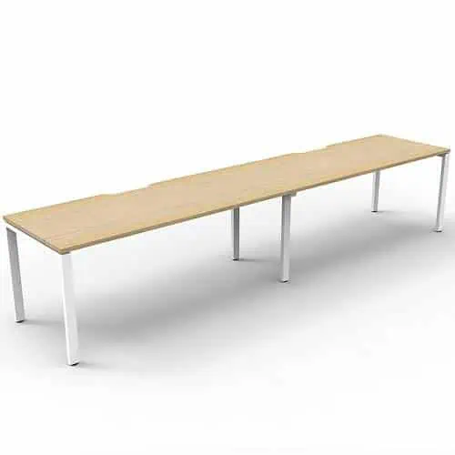 Elite Desk, 2 Person In-Line, Natural Oak Desk Tops, White Under Frame, No Screen Dividers | 2 People Desks