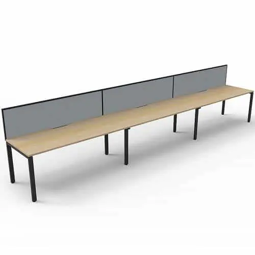 Elite Desk, 3 Person In-Line, Natural Oak Desk Tops, Black Under Frame, with Grey Screen Dividers