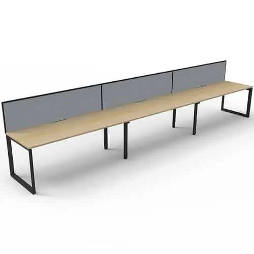 Elite Loop Leg Desk, 3 Person In-Line, Natural Oak Desk Tops, Black Under Frame, with Grey Screen Dividers