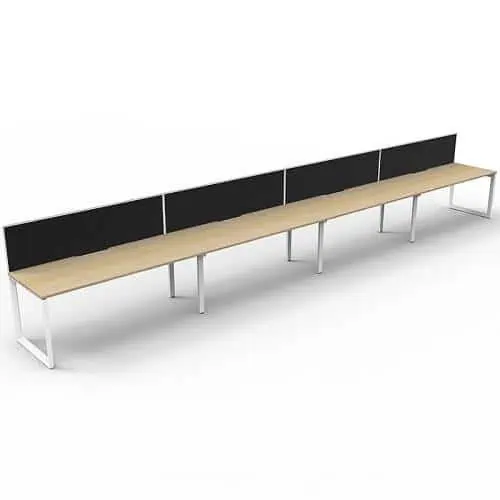 Elite Loop Leg Desk, 4 Person In-Line, Natural Oak Desk Tops, White Under Frame, with Black Screen Dividers