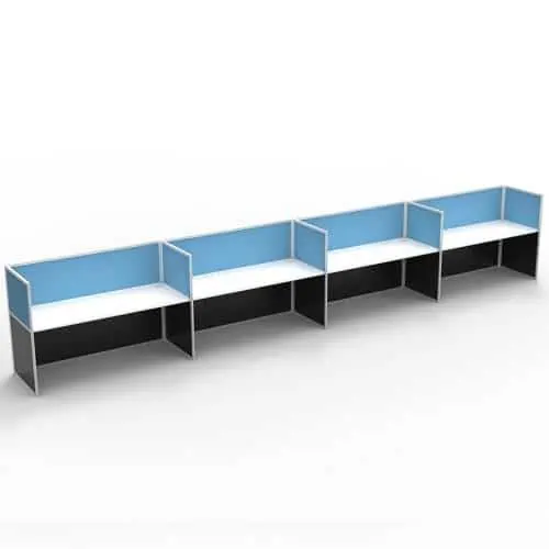 Space System Screen Hung Desk Tops, 4 Desks Inline, Blue Screens