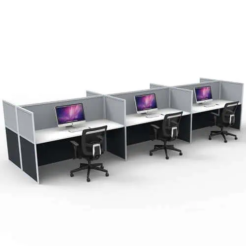 Space System Screen Hung Desk Tops, 6 Desks Back to Back, Grey Screens