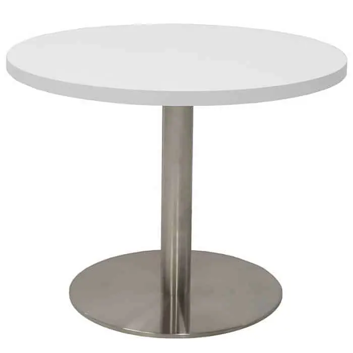 Stacey Round Coffee Table, Natural White Table Top, Stainless Steel Table Base