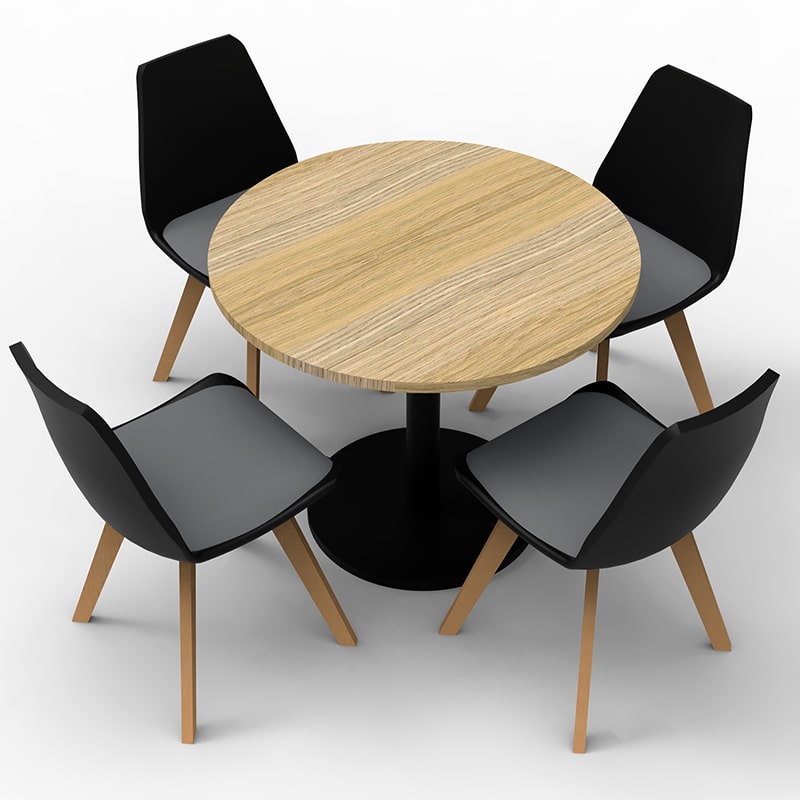 Stacey Round Meeting Table Black Base With Natural Oak Table Top 4 Black Deakin Chairs 