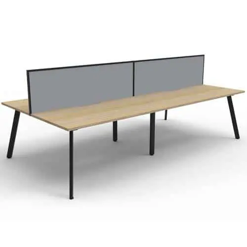 Fast Office Furniture - Enterprise 4 Back to Back Desks, Natural Oak Tops, Satin Black Frame, with Grey Screen Dividers