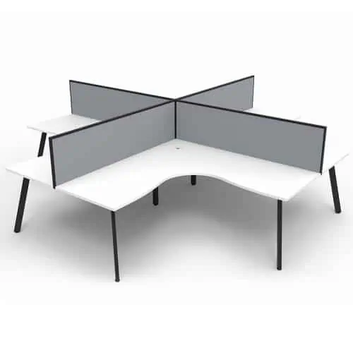 Fast Office Furniture - Enterprise 4-Way Corner Workstation, Natural White Tops, Satin Black Frame, with Grey Screen Dividers