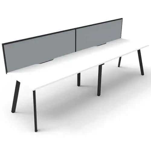 Fast Office Furniture - Enterprise Desk – 2 Person In-Line, Natural White Tops, Satin Black Frame, with Grey Screen Dividers