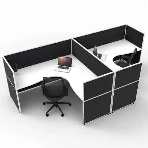 Fast Office Furniture - Serene Screen Hung 2 Back to Back Corner Workstations, Natural White Tops, Black Screen Dividers