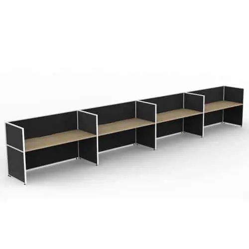 Fast Office Furniture - Serene Screen Hung 4 In-Line Desks, Natural Oak Tops, Black Screen Dividers