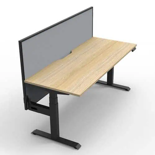 Fast Office Furniture -Flight Pro Plus Electric Height Adjustable Sit Stand Desk, with Grey Screen Divider. Natural Oak Desk Top, Satin Black Under Frame