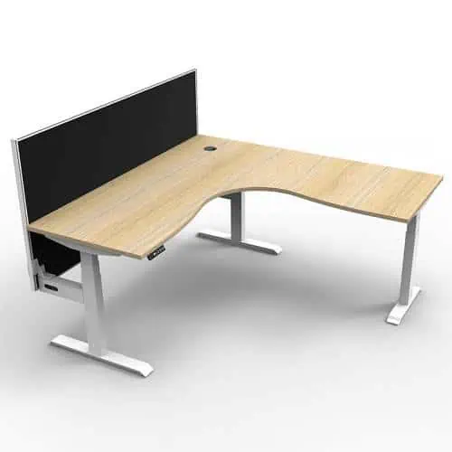 Fast Office Furniture - Flight Pro Plus Height Adjustable Sit Stand Corner Workstation, with Black Screen Divider. Natural Oak Desk Top, Satin White Under Frame