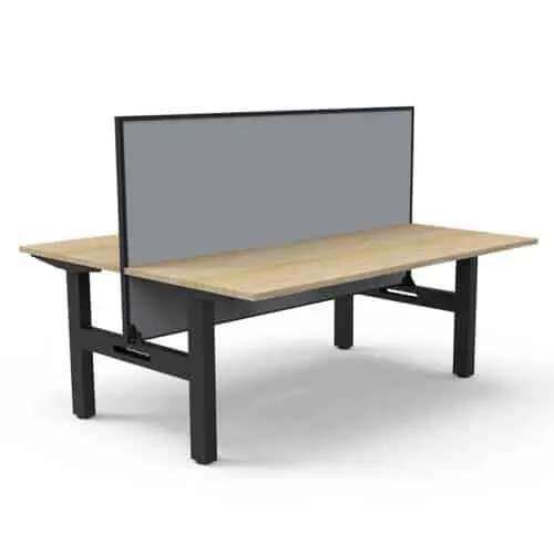 Flight Pro Fixed Height Back to Back Desks with Screen Divider. Natural Oak Desk Tops, Satin Black Frame, Grey Screen