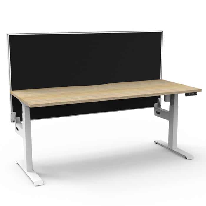 Flight Pro Lite Electric Height Adjustable Sit Stand Desk with Black Screen Divider, Natural Oak Desk Top, Satin White Under Frame