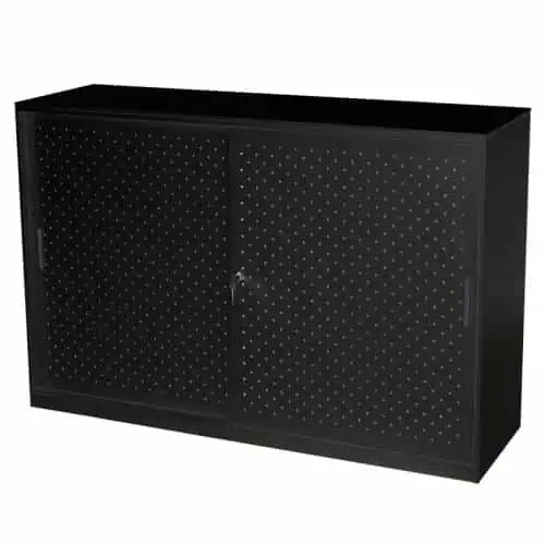 Perforated Metal Sliding Door Storage Unit, Satin Black