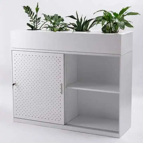 Perforated Metal Sliding Door Storage Unit, Satin White, Open with Optional Planter Box