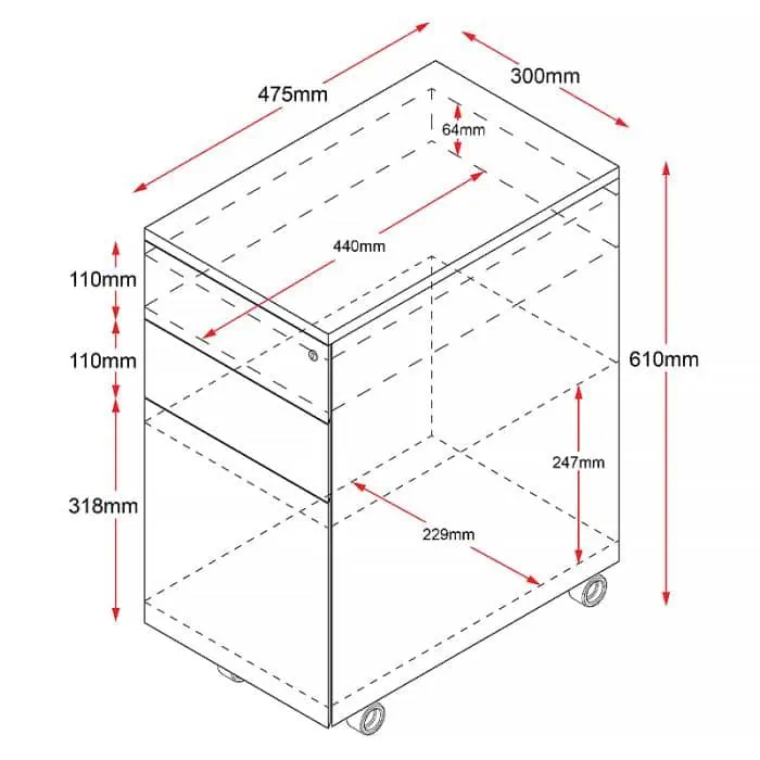 Super Strong Slimline Metal Mobile Drawer Unit with Dimensions