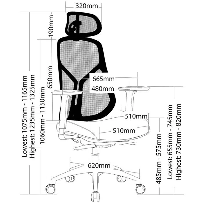 Alain Chair with Headrest with Dimensions