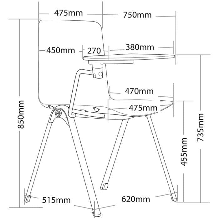 Assia Tablet Arm Chair with Dimensions