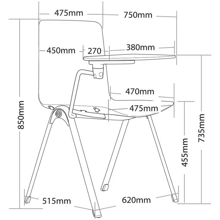 Assia Tablet Arm Chair with Dimensions